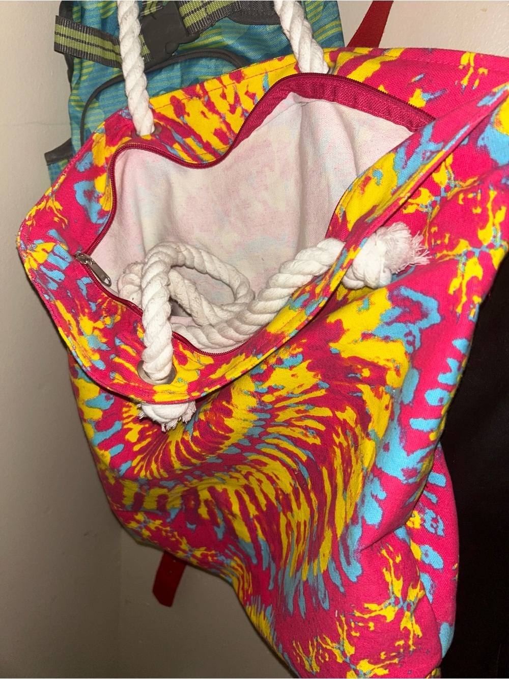 Bright Tie-Dye Rope Tote Bag - Pink / Yellow / Blue